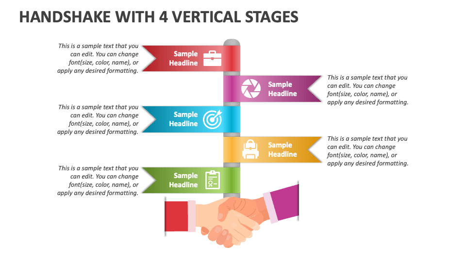 Free Handshake With 4 Vertical Stages PowerPoint Presentation Template